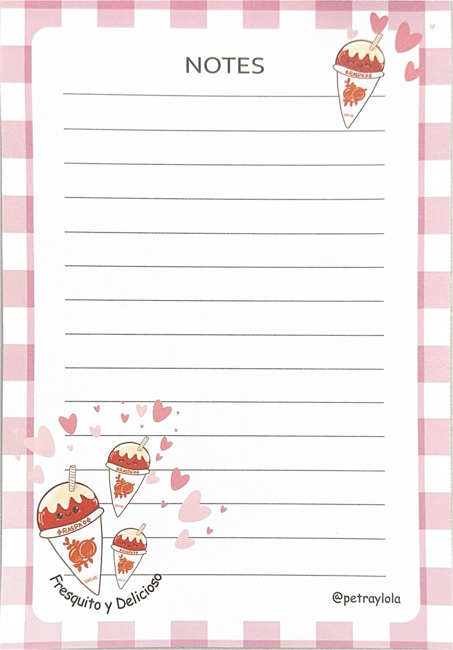 Notepad ilustrado “Fresquito y Delicioso” | Bloc de notas kawaii rosado – Petra y Lola