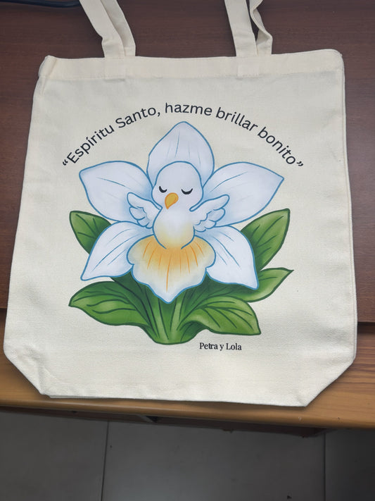 Tote bag ilustrada “Espíritu Santo, hazme brillar bonito” | Petra y Lola