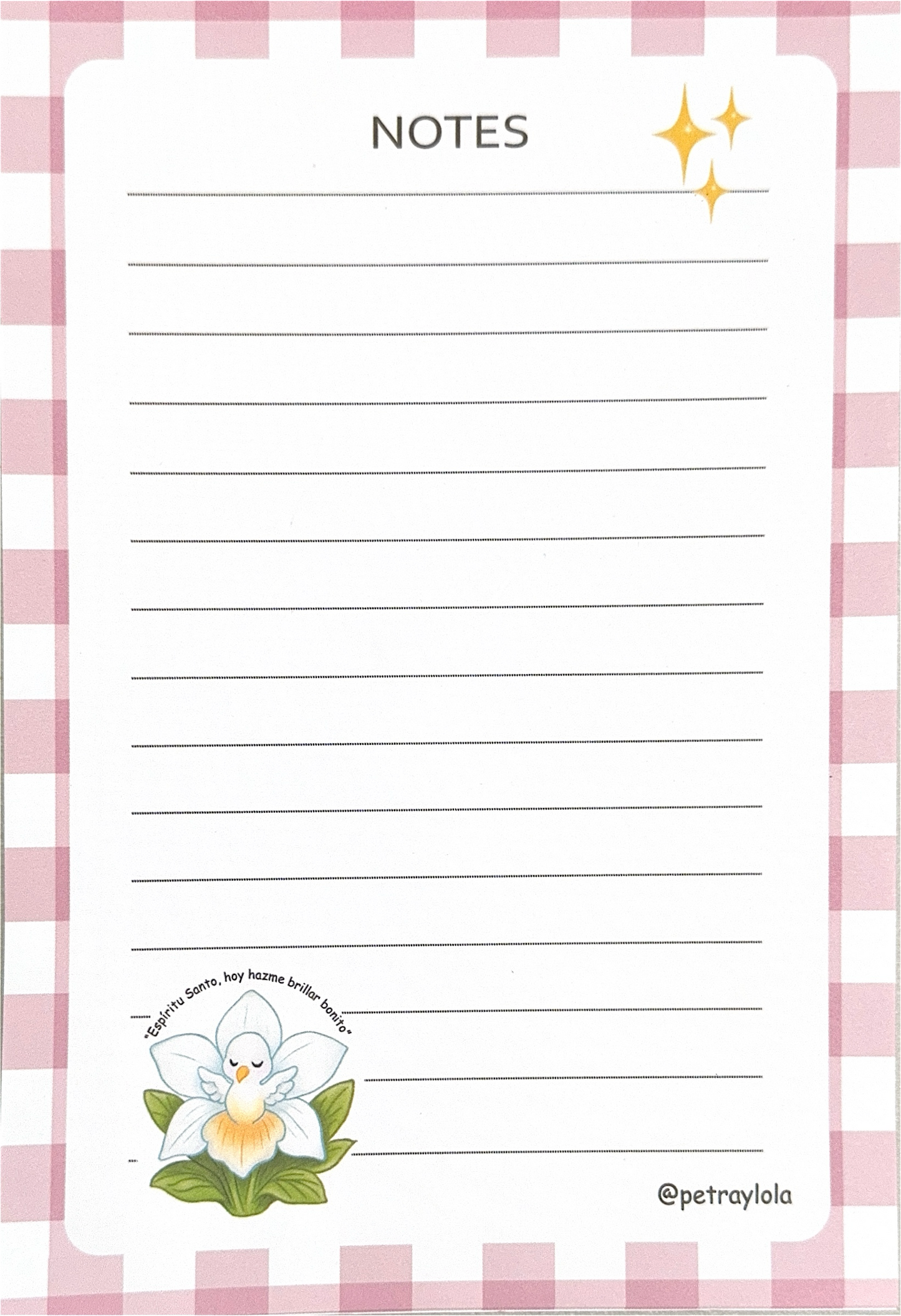 Notepad ilustrado “Espíritu Santo, hazme brillar bonito” | Bloc de notas pastel – Petra